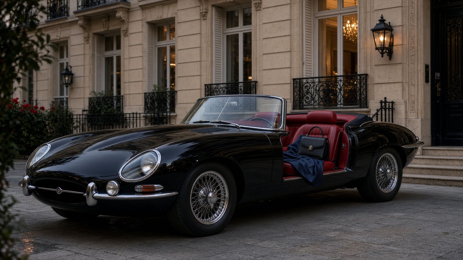 Black vintage roadster with red leather seats outside a limestone townhouse, a black bag and a navy coat on the seat