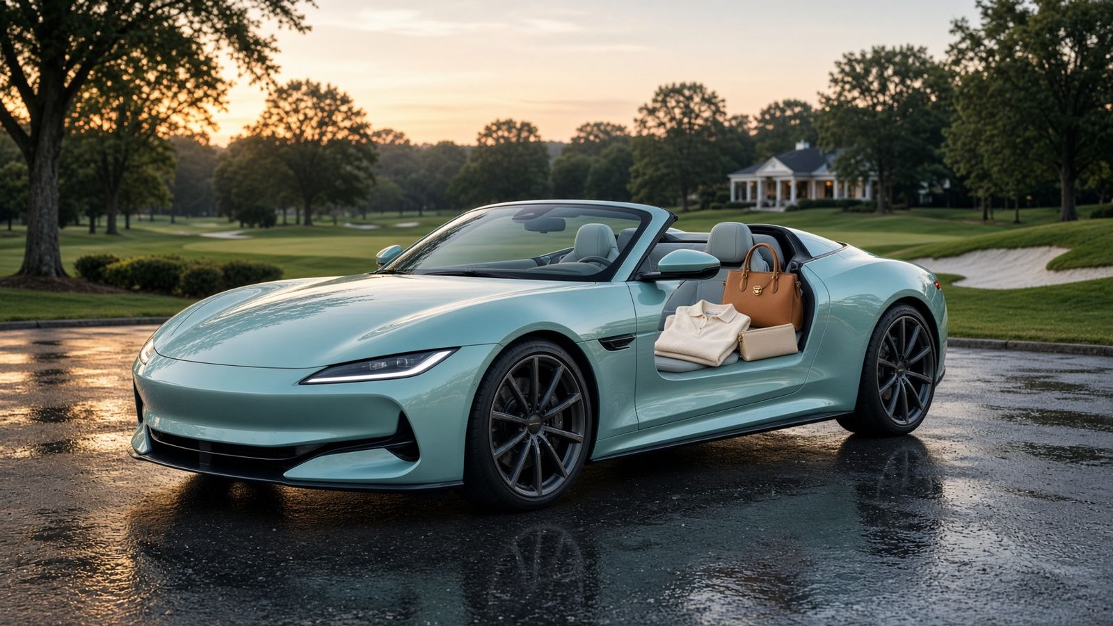 Pale aqua convertible on a wet drive beside a golf course at sunset, a tan tote and a folded ivory knit on the seat