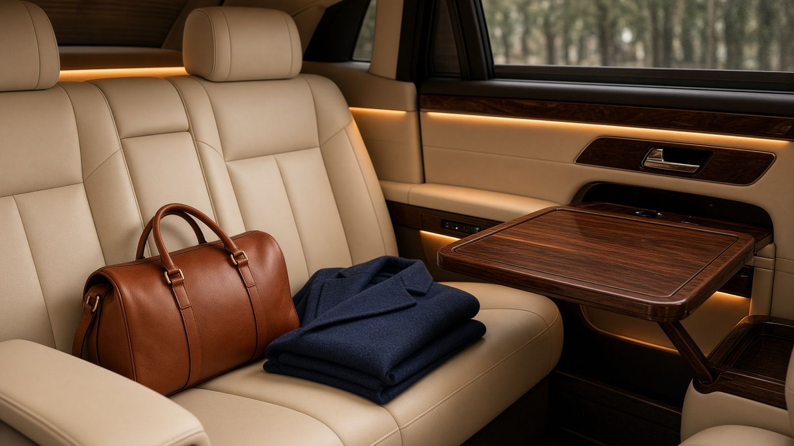 Cream leather rear cabin of a chauffeured car with a tan leather holdall and a folded navy knit