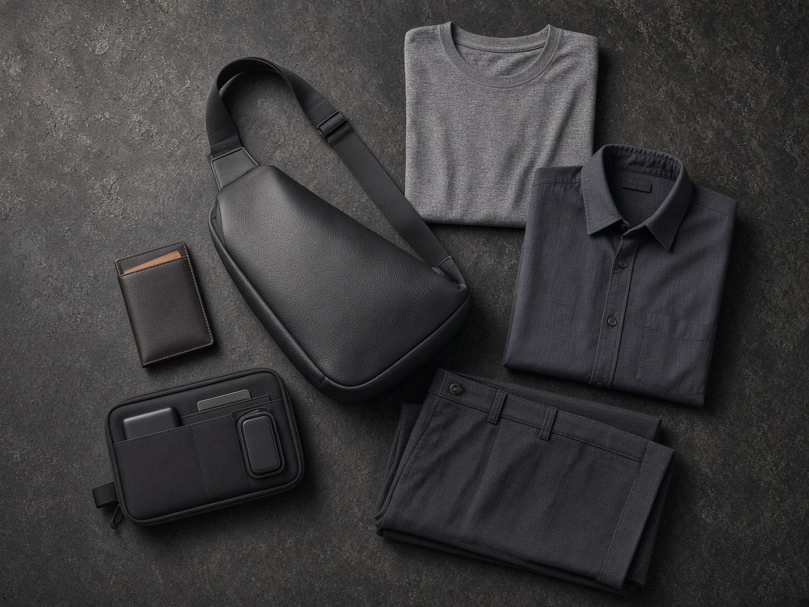 Black sling, card wallet, tech pouch and folded charcoal clothes laid flat on dark stone