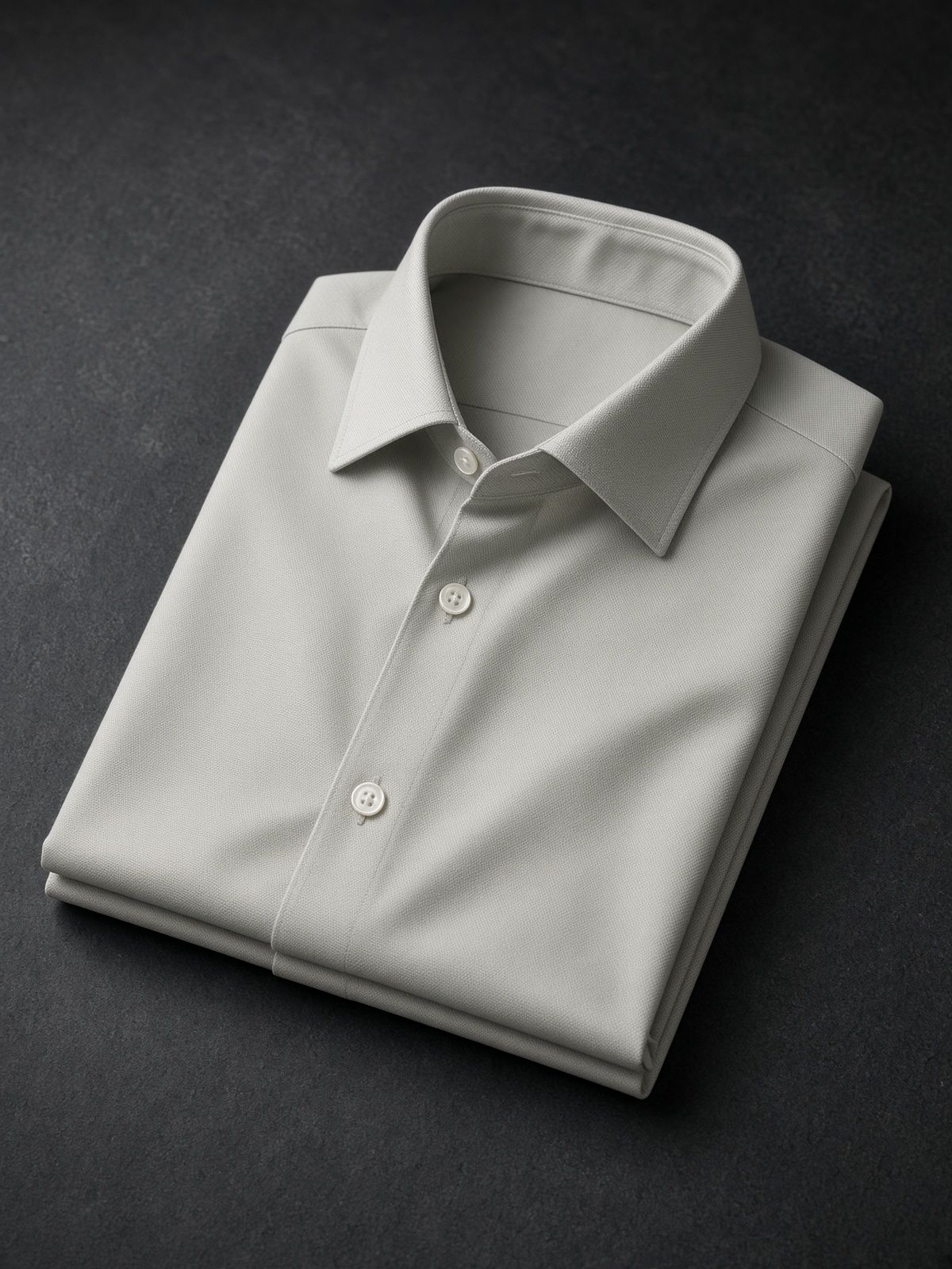 Pale grey travel shirt, folded, on dark slate